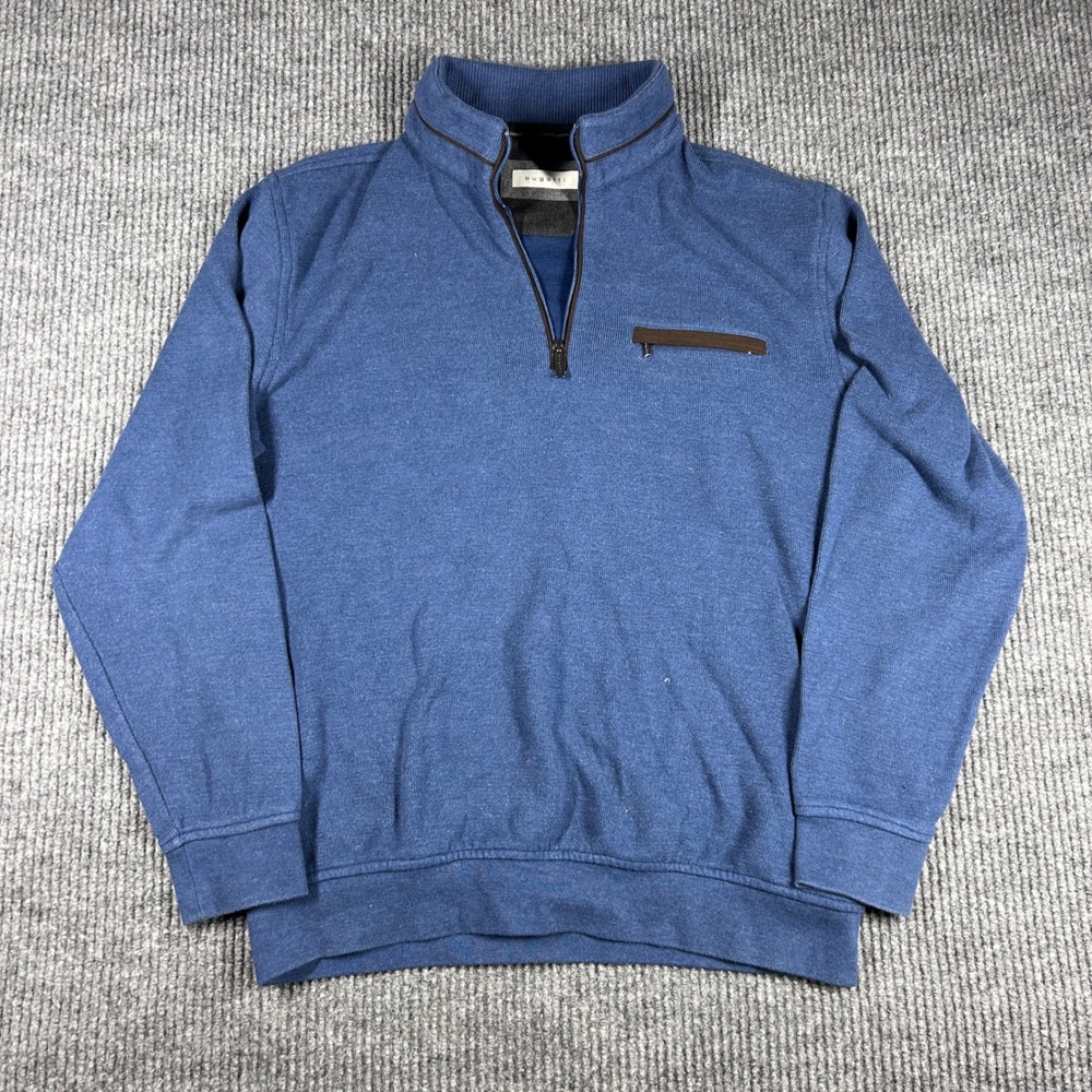 Bugatti Pullover Mens XL Blue Quarter Zip Sweater Long Sleeve Mock Neck Ribbed
